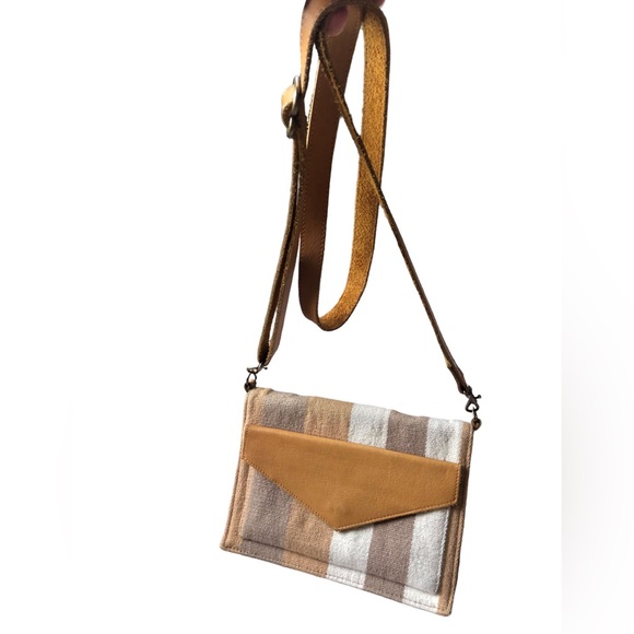 SutiSana Crossbody Organizer Color Sepia Wool Leather Zipper Bag Yellow Stripe - Picture 8 of 16